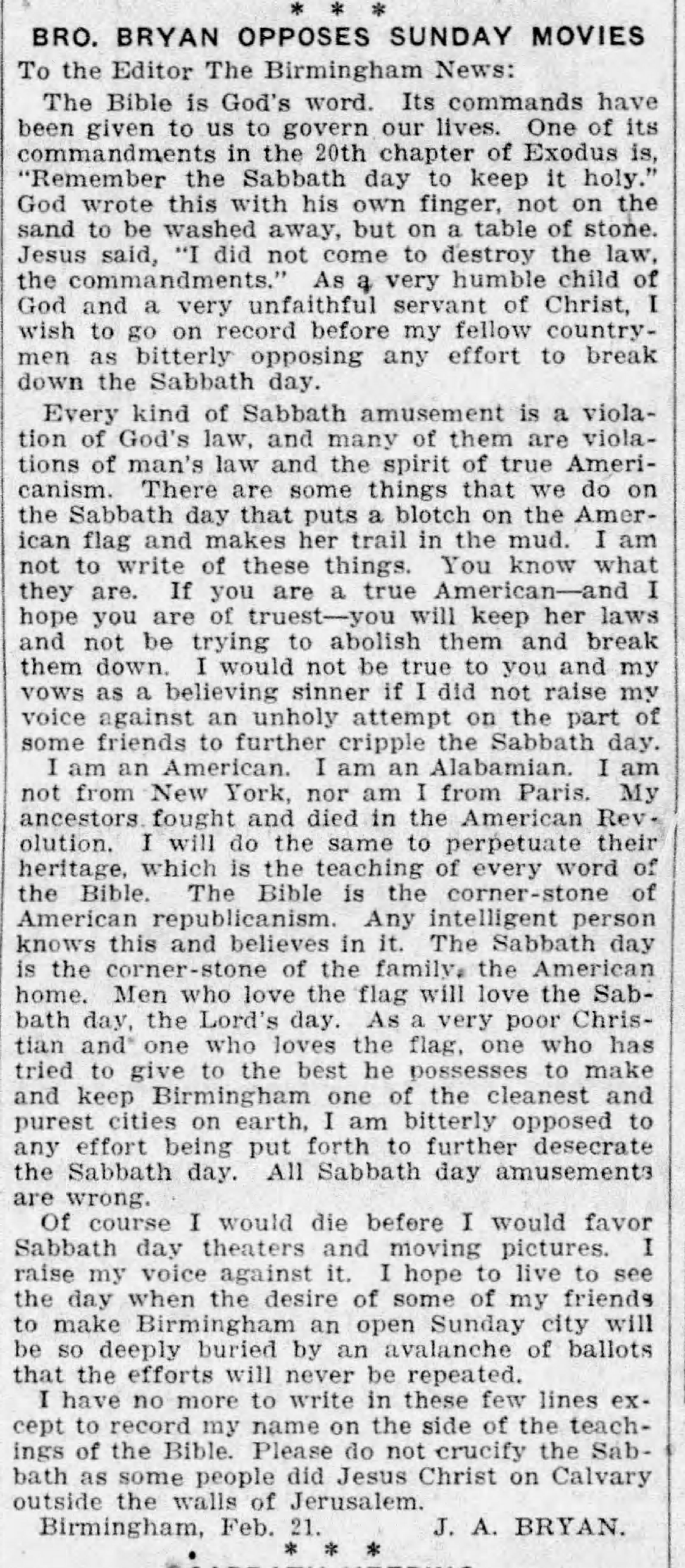 Bro. Bryan Opposes Sunday Movies